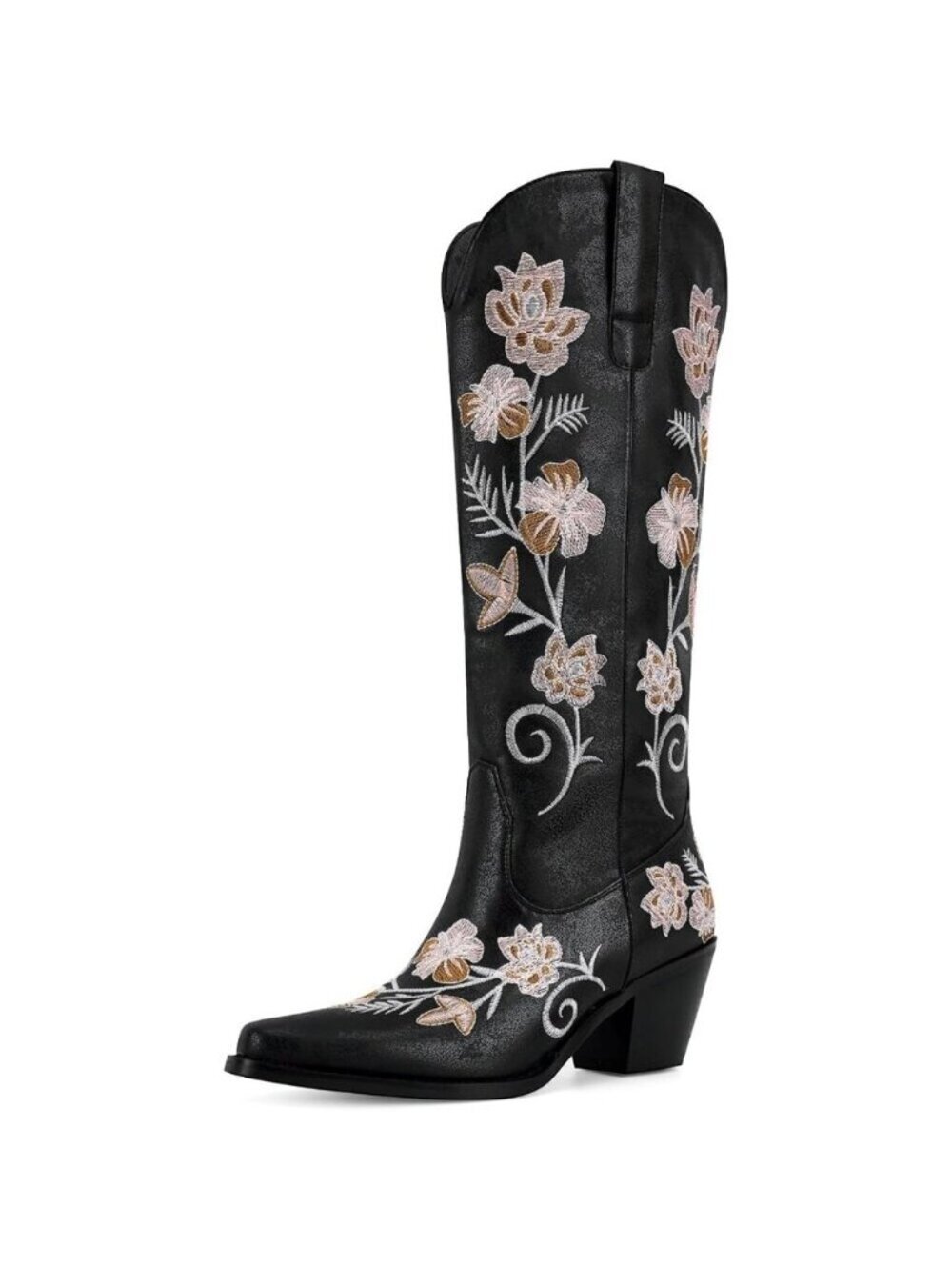 Women's Black 1 Knee High Cowgirl Western Boots Pointed Toe Chunky Block Heel